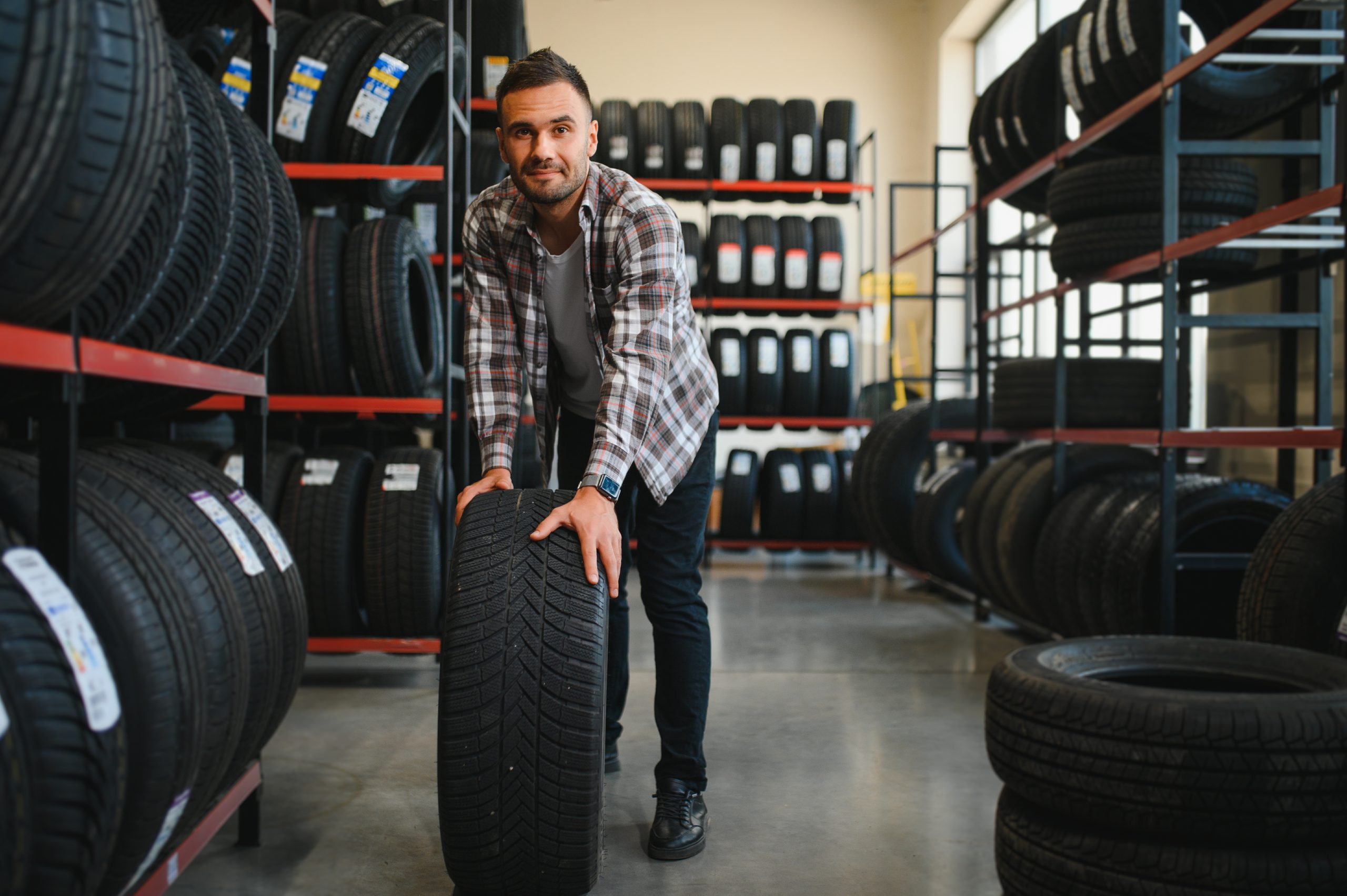 customer tire fitting in the car service, auto mechanic checks the tire and rubber tread for safety